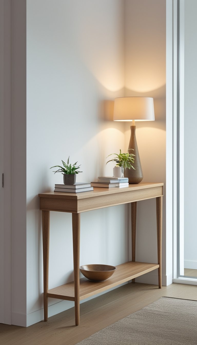 Slim oak console table with tapered legs and lower shelf in a bright office entryway, decorated with a plant, books, and a lamp.