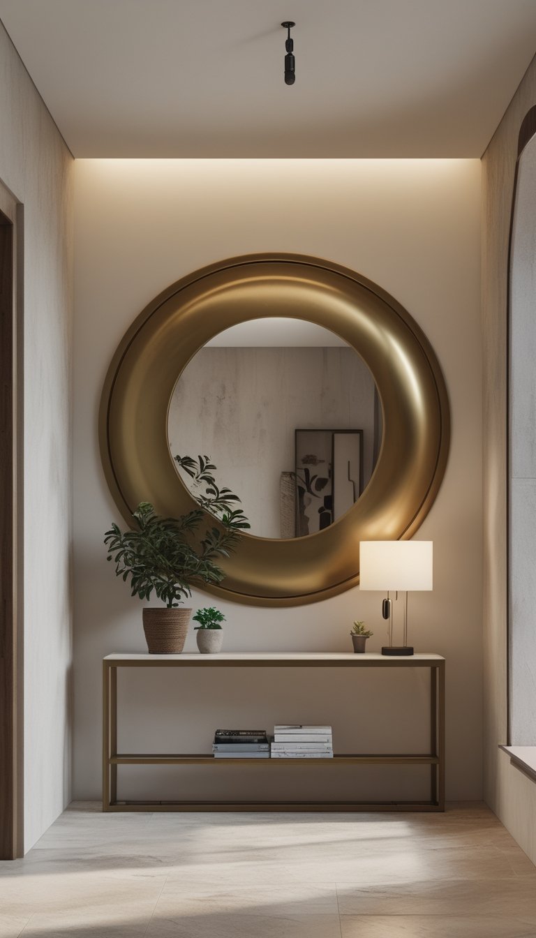 Entryway with a large round brass mirror centered above a console table decorated with plants and books.