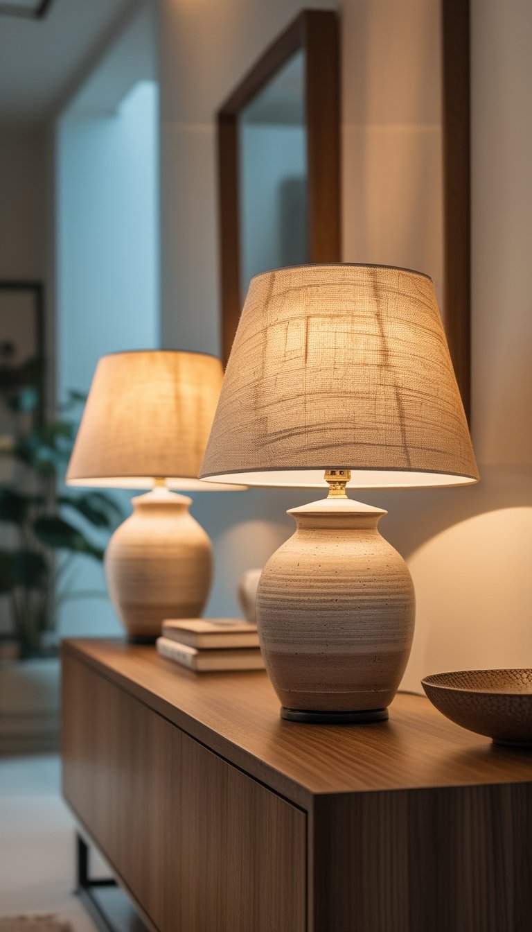 Two small ceramic table lamps with beige linen shades on a wooden console table in an entryway.