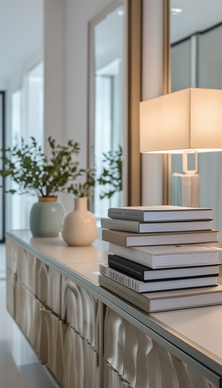 Stack of hardcover design books on a console table in a bright entryway with decorative objects nearby.