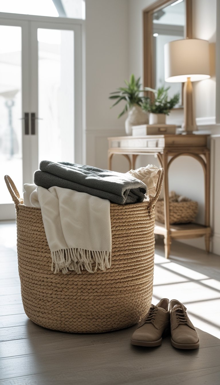 A large woven basket filled with blankets and shoes next to a console table in a bright entryway.