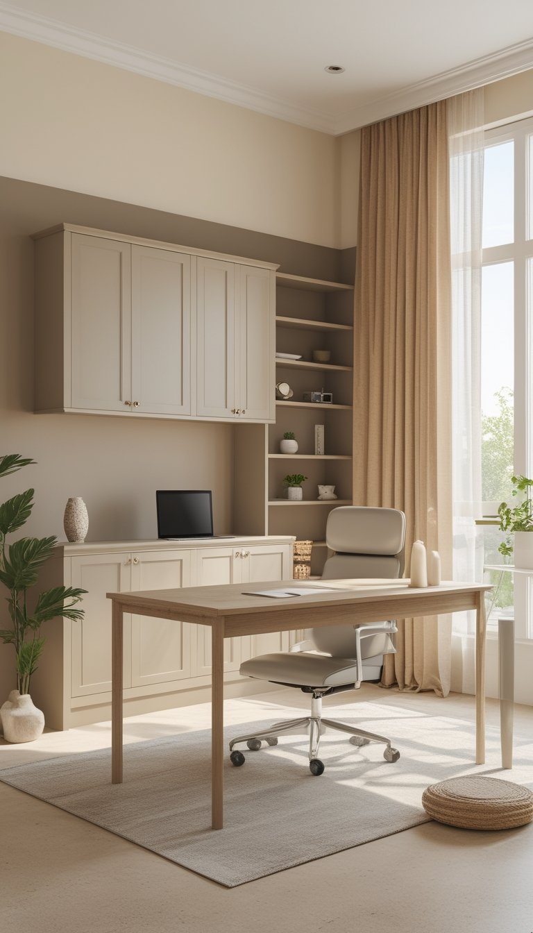 A bright home office with seven different neutral paint colors on walls, furniture, and decor, featuring a wooden desk, ergonomic chair, plants, and natural light from a large window.