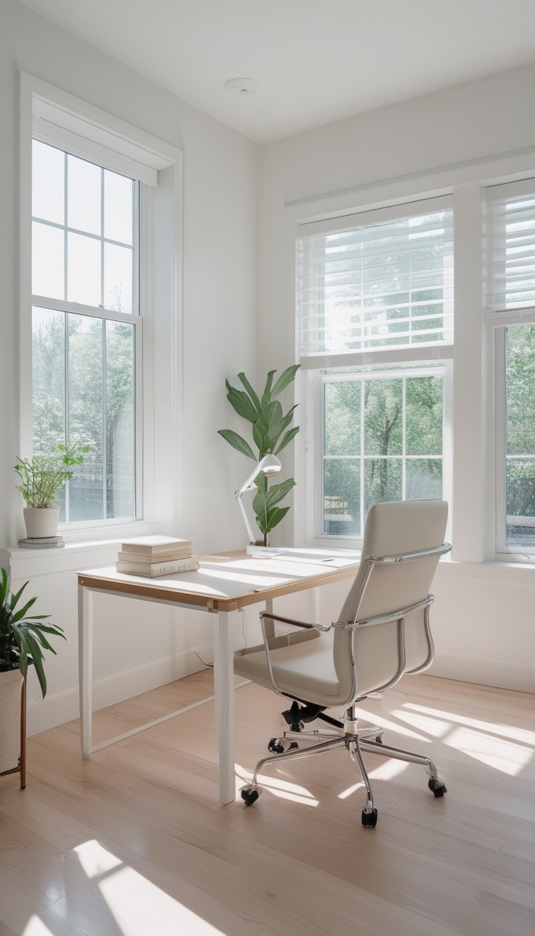 A bright home office with white walls, a wooden desk, an office chair, a potted plant, books, and sunlight coming through large windows.