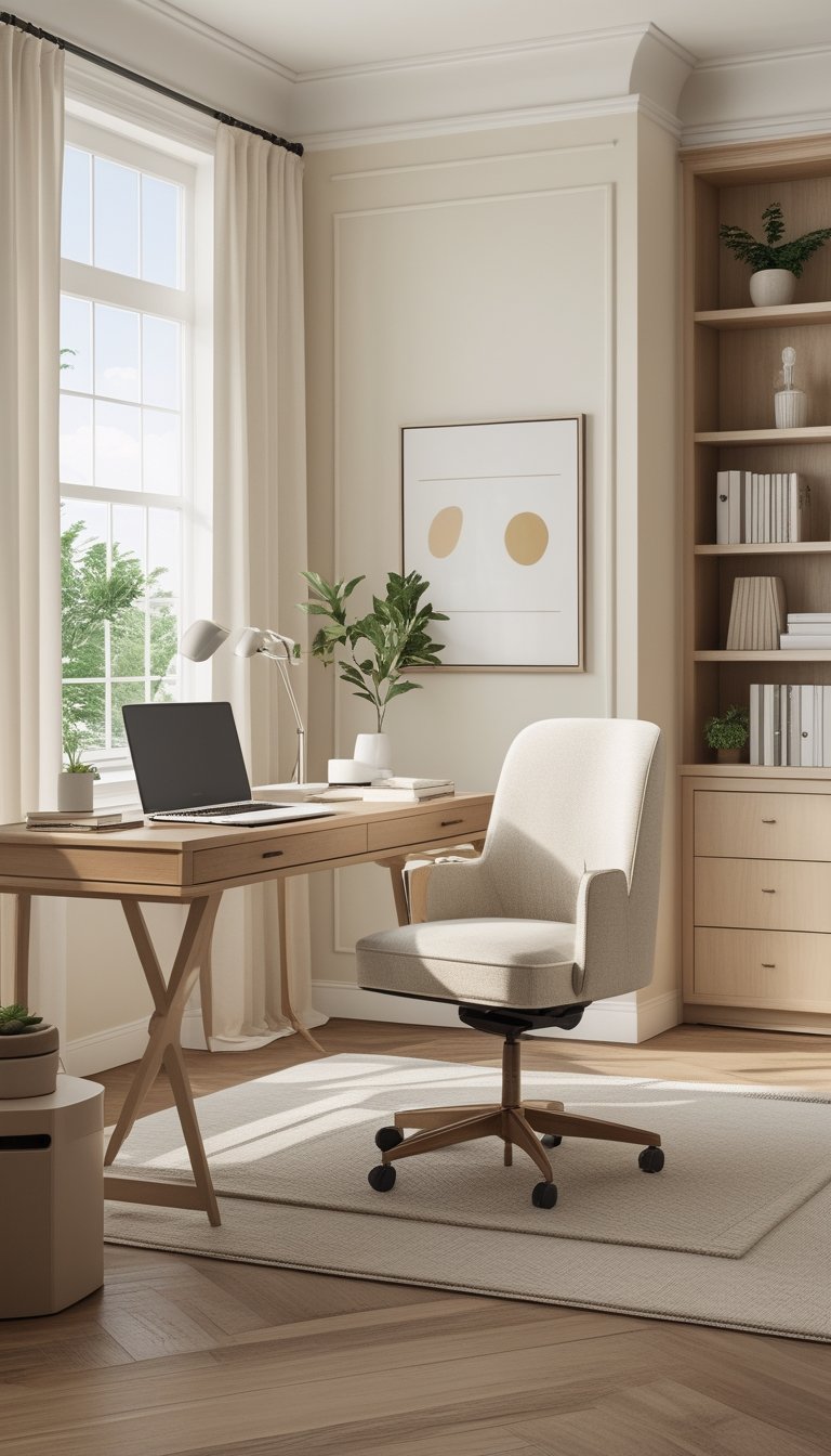 A bright home office with warm neutral walls, a wooden desk with a laptop and lamp, a comfortable chair, natural light from large windows, and shelves with books and plants.