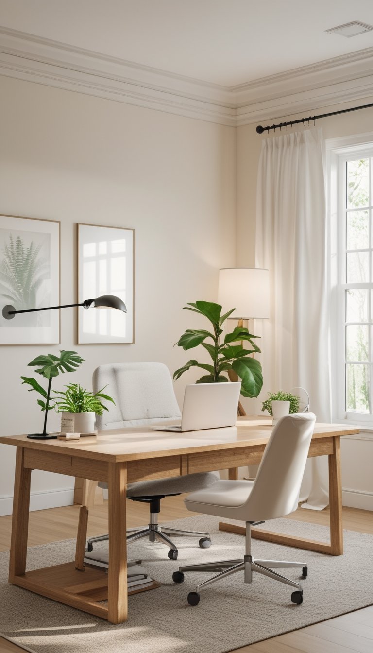 A bright office with off-white walls, a wooden desk with a laptop, a green plant, and natural light coming through large windows.