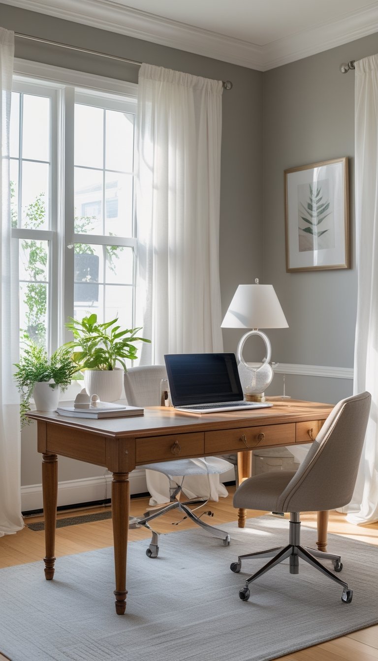 A bright home office with gray walls, a wooden desk with a laptop, plants, and natural light coming through large windows.