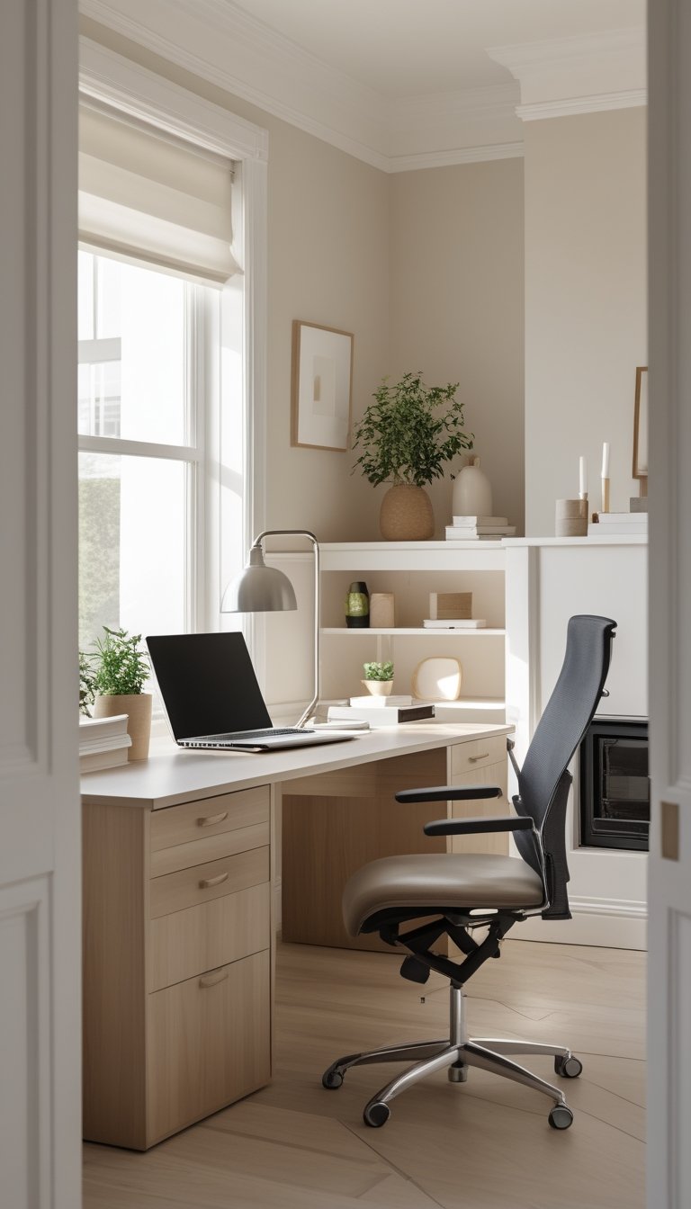 A bright home office with walls painted in a soft neutral color, featuring a wooden desk with a laptop, lamp, plant, and books, along with a comfortable chair and a bookshelf in the background.