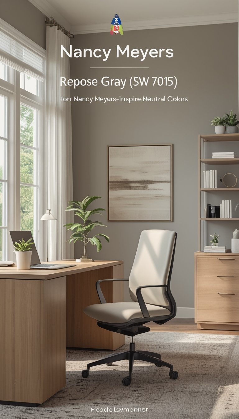 A modern office with gray walls, a wooden desk with a laptop, an ergonomic chair, a potted plant, and natural light coming through large windows.