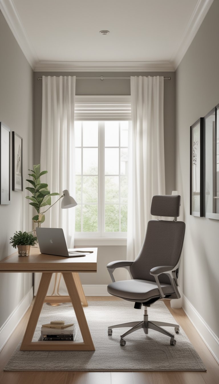 A modern home office with gray walls, a wooden desk with a laptop, an ergonomic chair, and natural light coming through large windows.