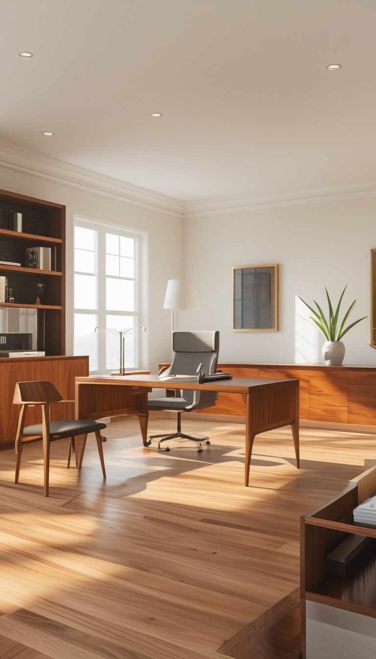 A bright office with five different wood tones including a wooden desk, bookshelf, chair, credenza, and picture frame arranged in a harmonious and professional setting.