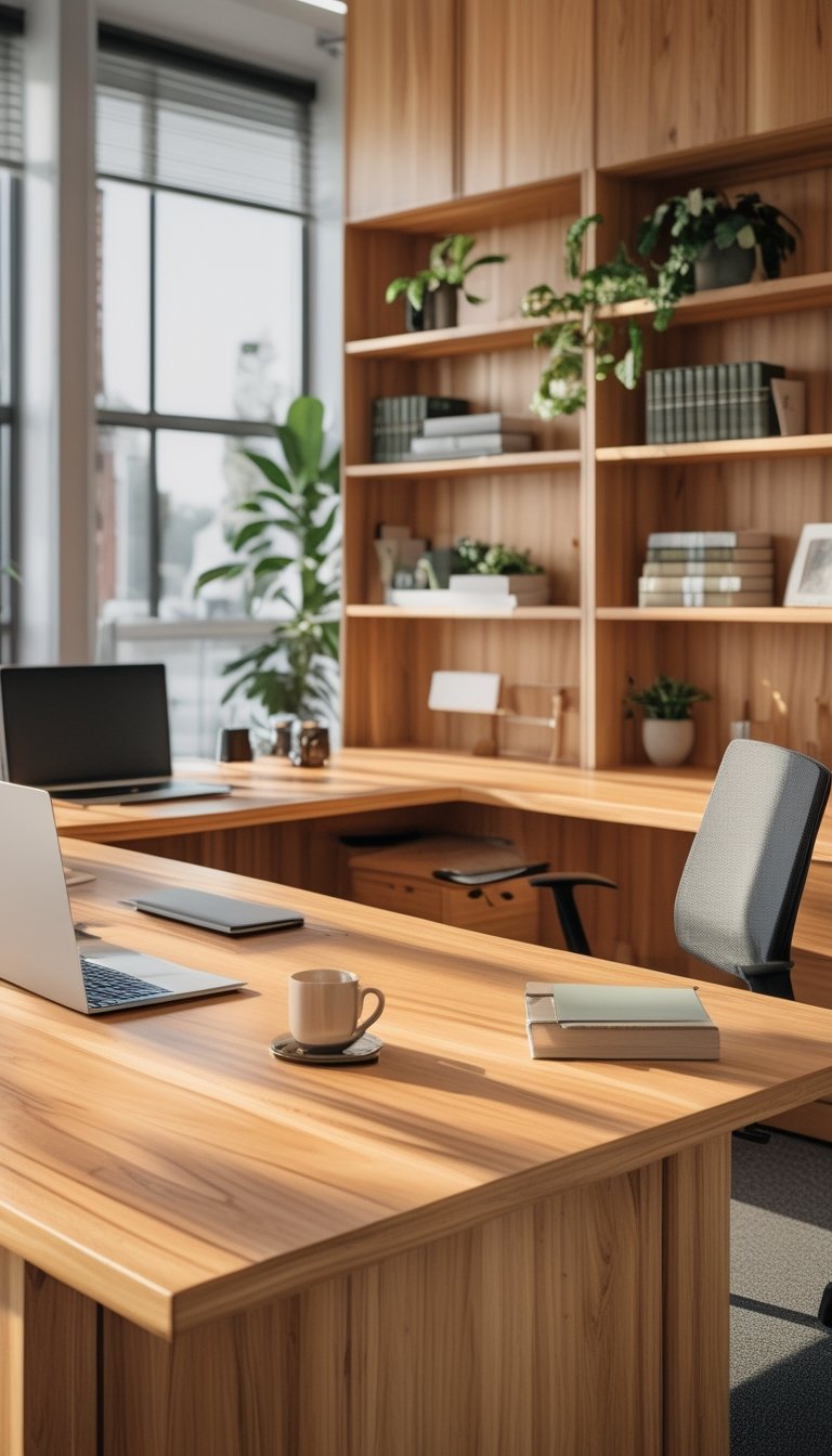 An office interior with a honey oak wooden desk and matching shelving filled with books and plants, lit by natural light.