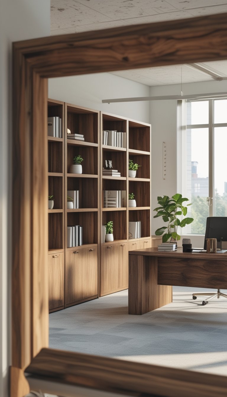 An office interior with bookcases and frame accents made of faded walnut wood, featuring a mix of five different wood tones and various decor items.