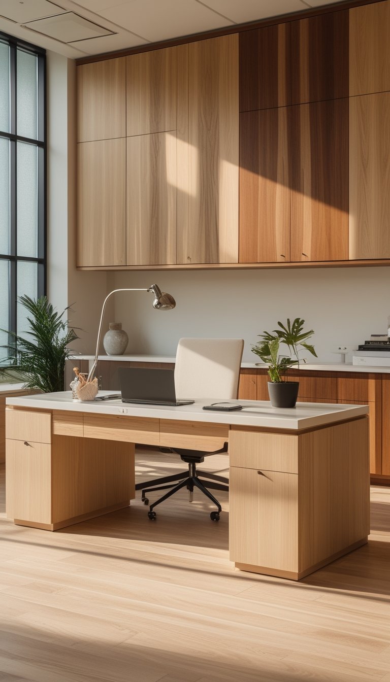 A bright office with a desk and cabinetry made of bleached ash wood and other mixed wood tones, featuring a laptop, desk lamp, and a potted plant.