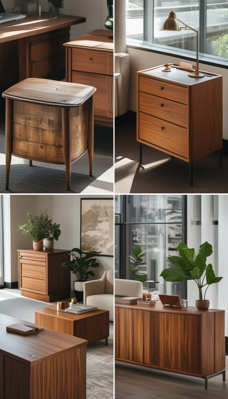 An office interior featuring vintage side tables and credenzas in antique pine wood alongside other wood furniture pieces, illuminated by natural light.