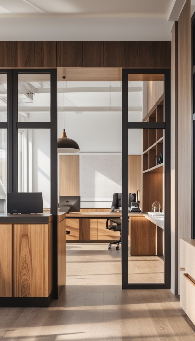 An office interior with large windows framed by dark wood trim and a matching island counter, surrounded by furniture and shelves in various wood tones.