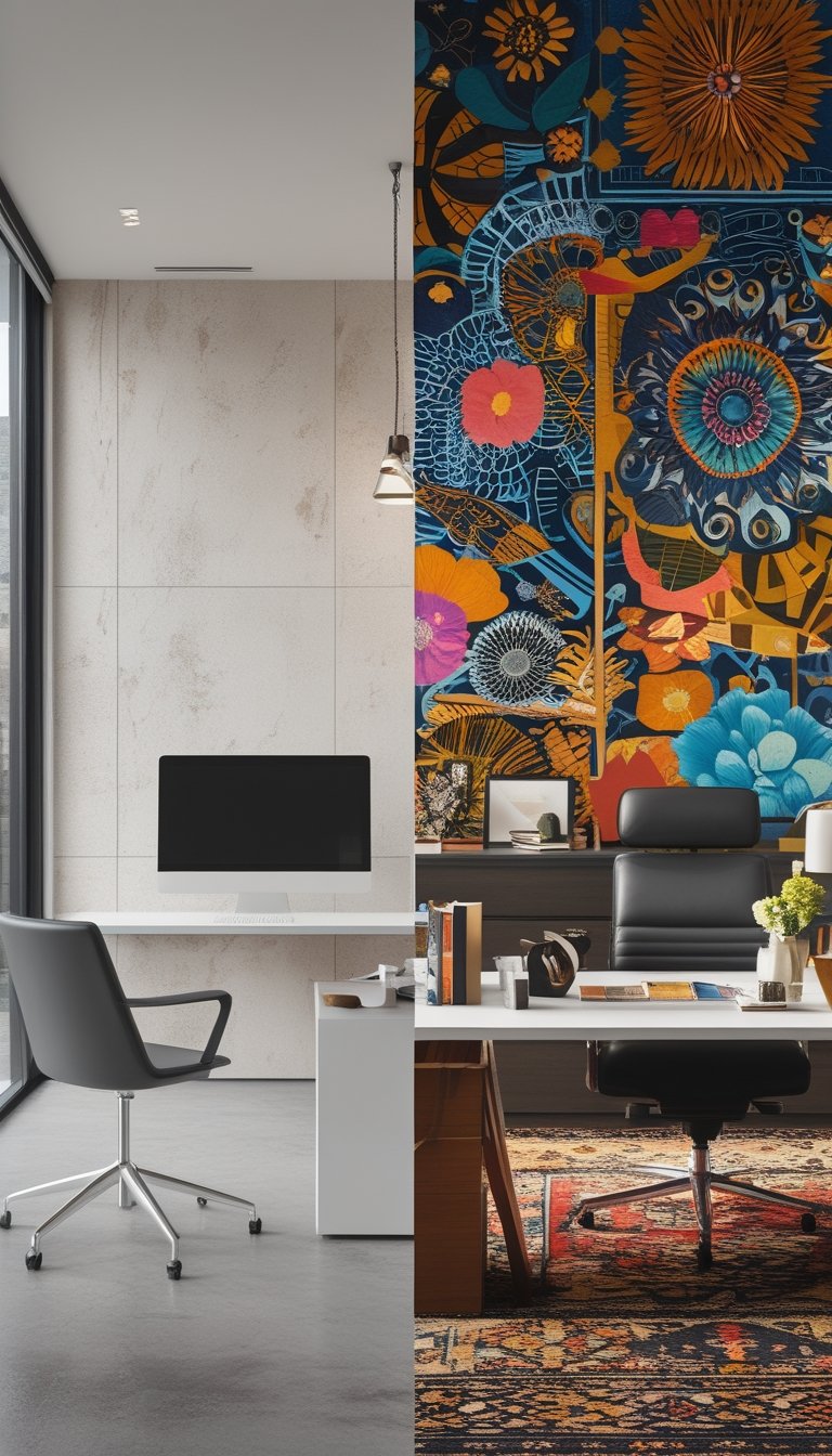 An office space divided into two areas: one with simple wallpaper and a minimal desk, the other with colorful, complex wallpaper and a lively desk setup.