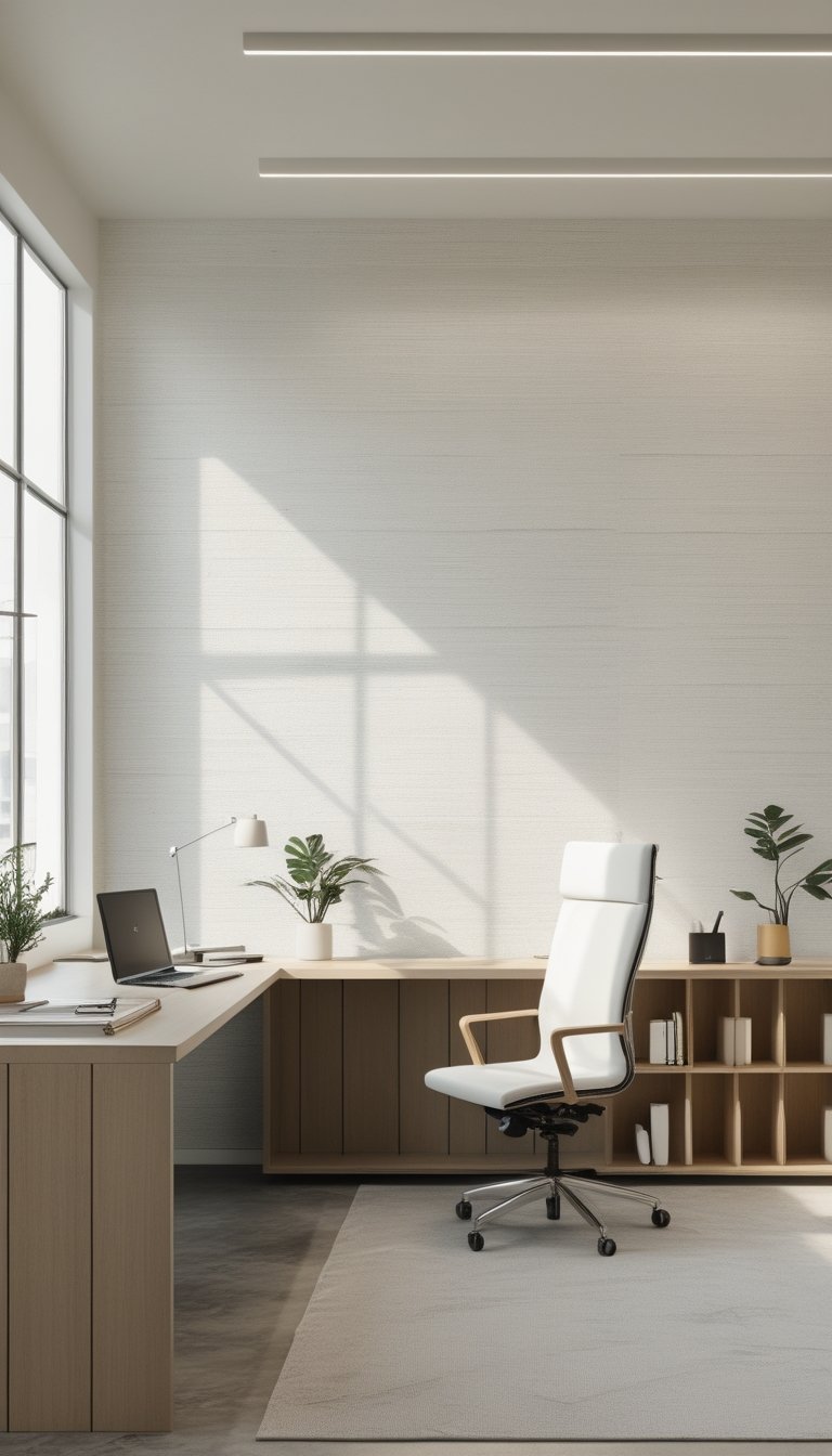 A modern office with white textured wallpaper, a wooden desk with a laptop, an ergonomic chair, and a small plant by a window.