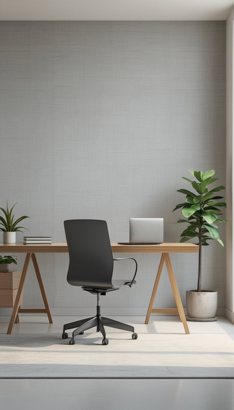 Modern office workspace with a wooden desk, ergonomic chair, laptop, and soft gray textured wallpaper in the background.