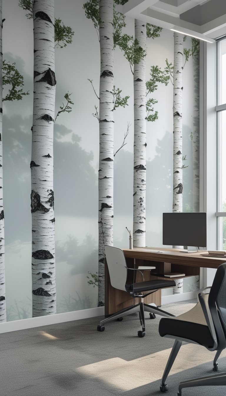 An office interior with a wall covered in birch tree mural wallpaper, a wooden desk, ergonomic chair, and large windows letting in natural light.
