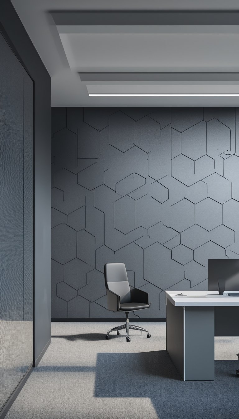 An office interior with a wall covered in a black and white hexagonal pattern, featuring a desk and chair in front.
