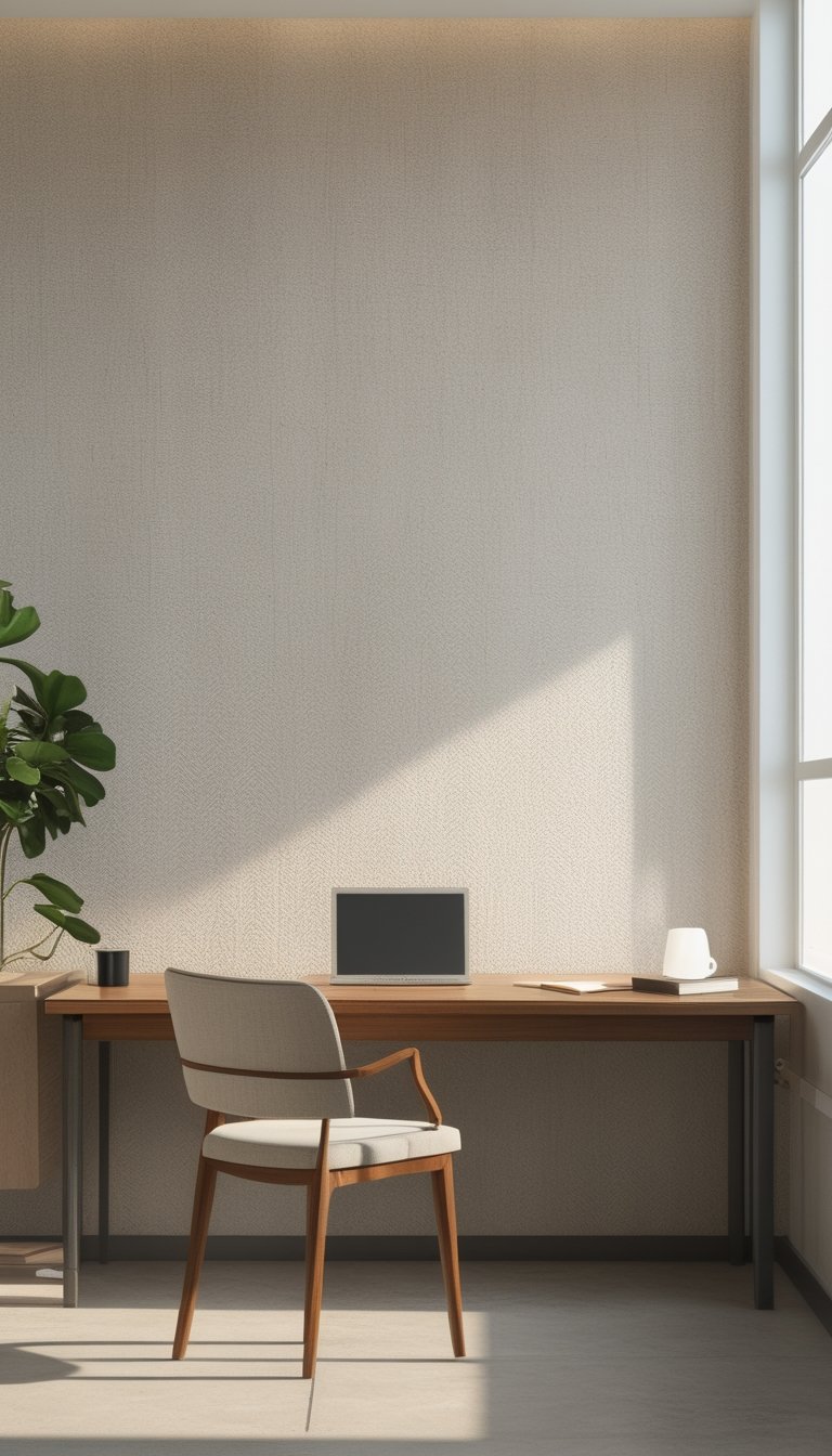 Modern office interior with a wooden desk and subtle textured wallpaper on the wall.