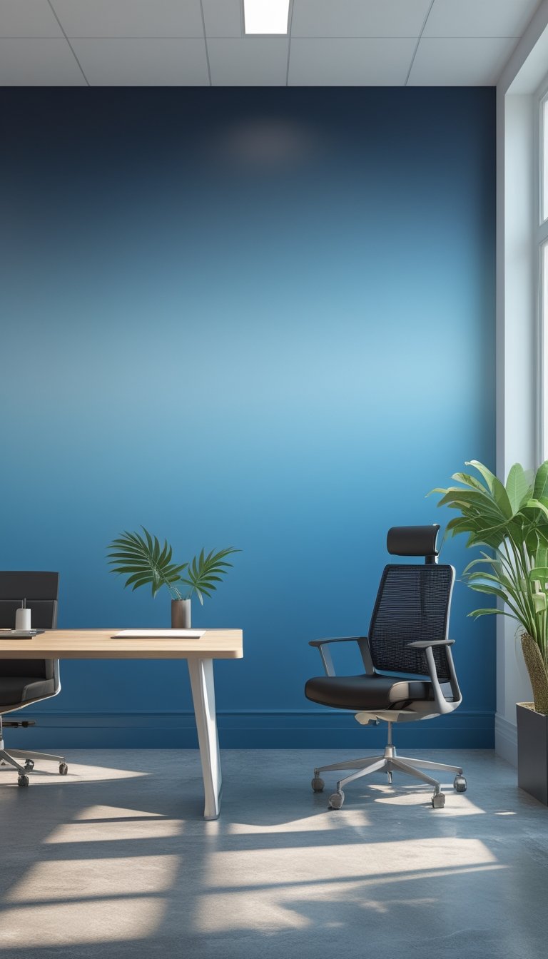 Modern office interior with a large blue ombre mural on the wall, a wooden desk, an ergonomic chair, and potted plants near windows letting in natural light.