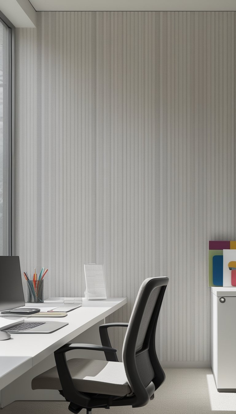 A bright office with walls covered in tiny dot pinstripe wallpaper, featuring a desk with a laptop and organized supplies, and a corner with colorful books and art.