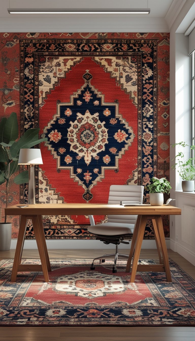 An office with a wooden desk and chair in front of a wall covered with a red Persian rug pattern wallpaper.