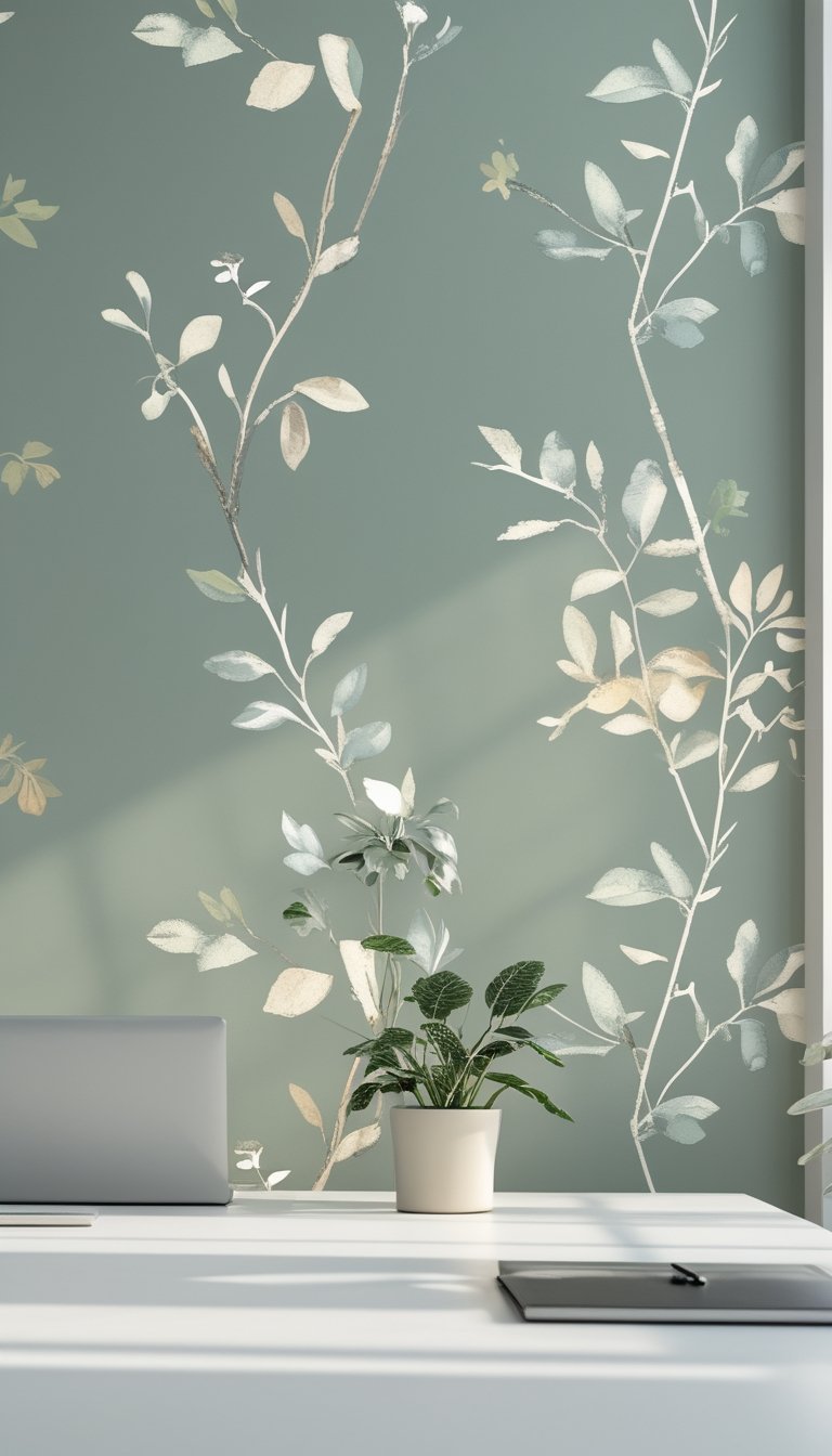 A modern office workspace with a desk, laptop, and potted plant in front of a muted sage green botanical patterned wallpaper.