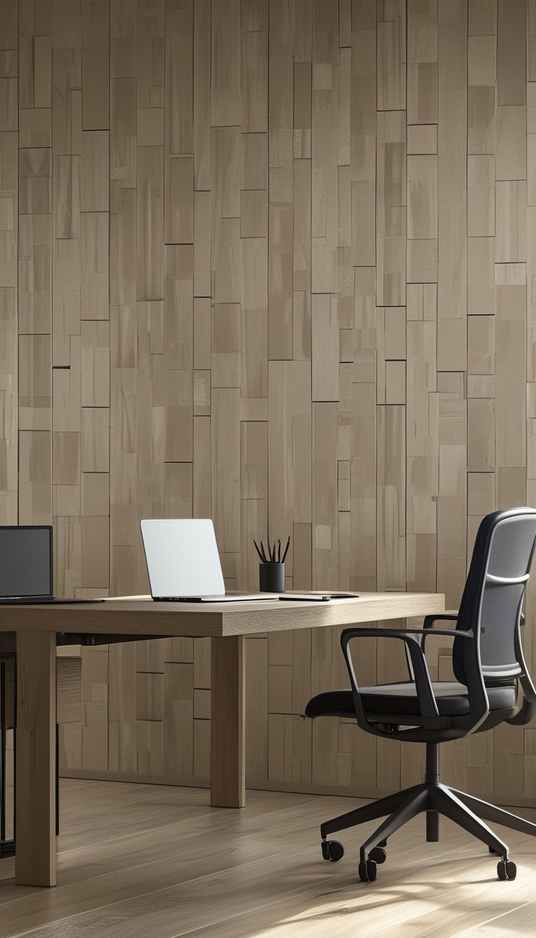 Modern office workspace with a wooden desk and warm taupe faux-wood plank wallpaper in the background.