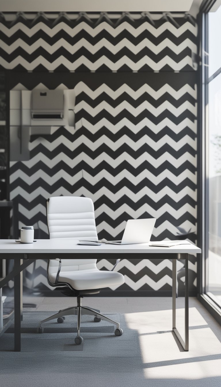 A modern office workspace with a desk, chair, laptop, and bold black-and-white patterned wall in the background.