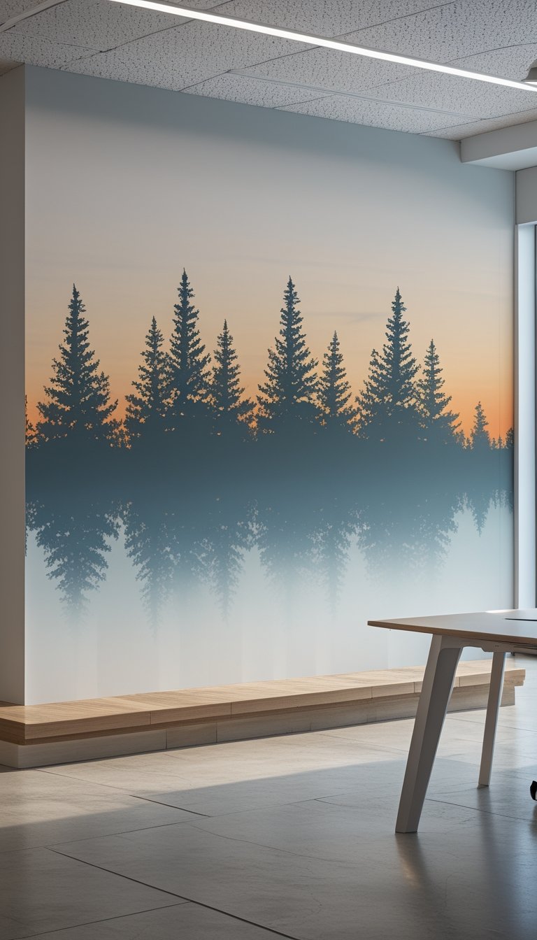 Office interior featuring a large wall mural of a Nordic pine forest silhouette with tall pine trees against a soft gradient background.