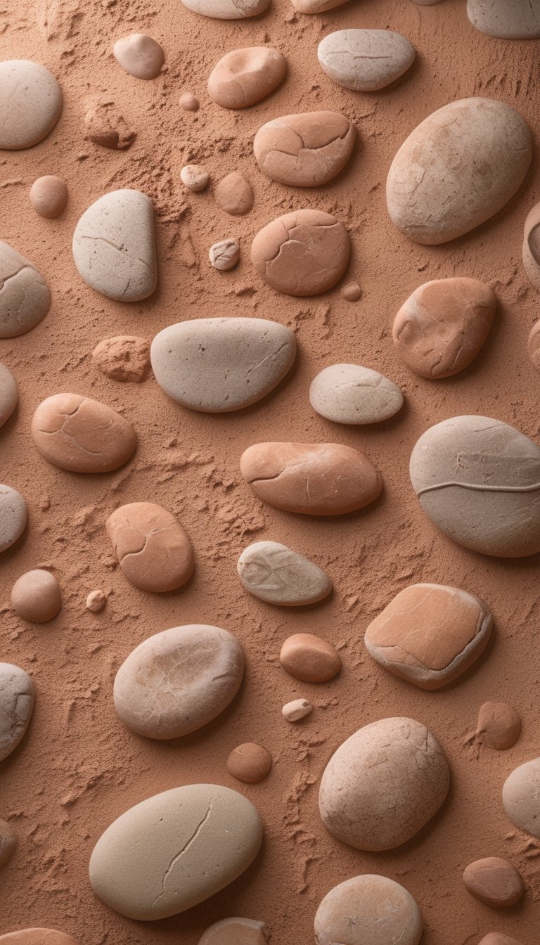 Close-up of a textured surface with smooth pebbles embedded in warm terracotta material.