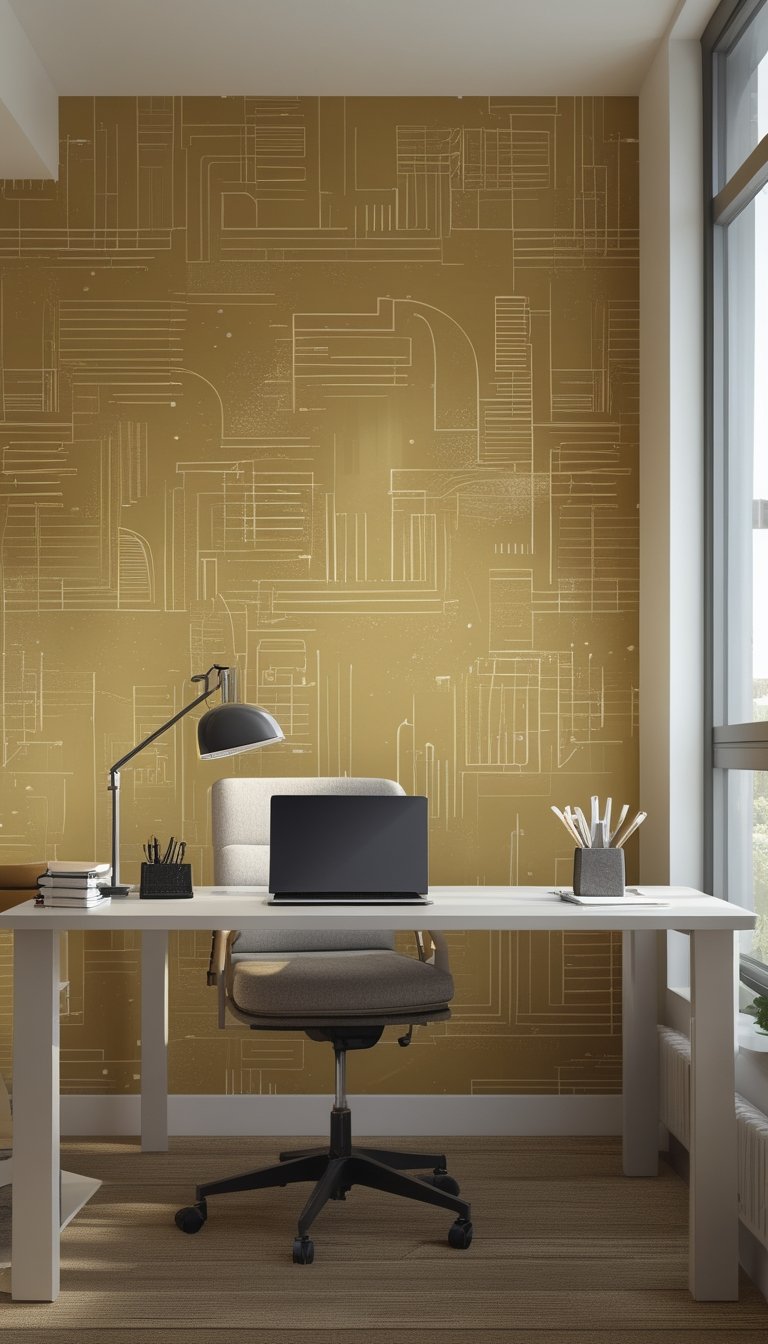 A modern office workspace with a desk, laptop, chair, and warm-toned abstract patterned wallpaper in the background.