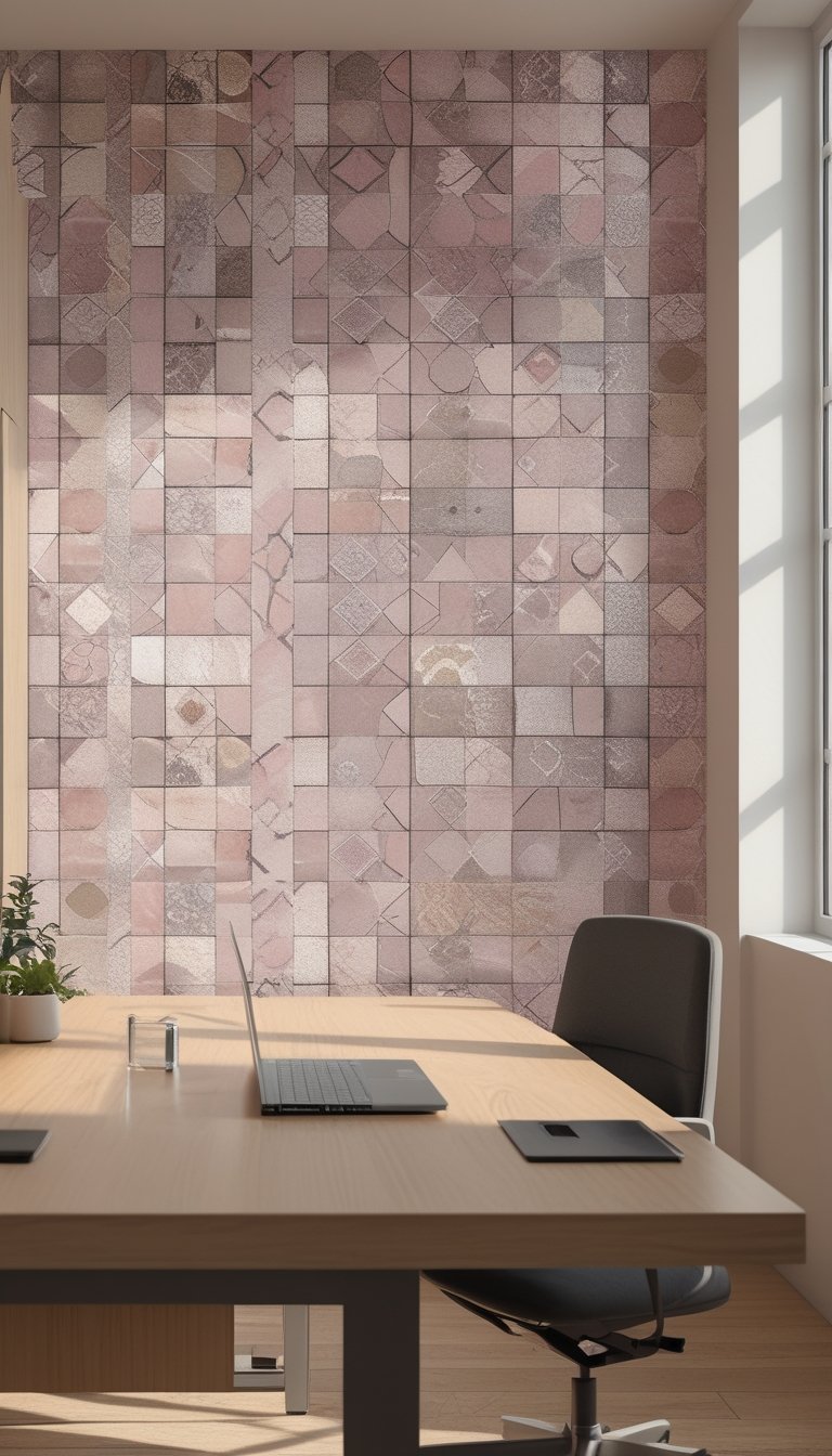 An office interior with a desk, chair, a small plant, and a wall covered in patterned wallpaper.