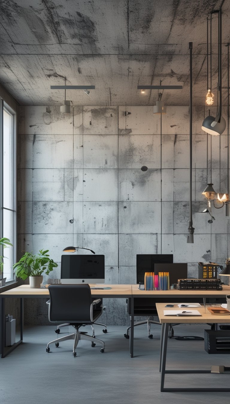 A modern office interior with concrete-look walls, desks with laptops and office supplies, and large windows letting in natural light.
