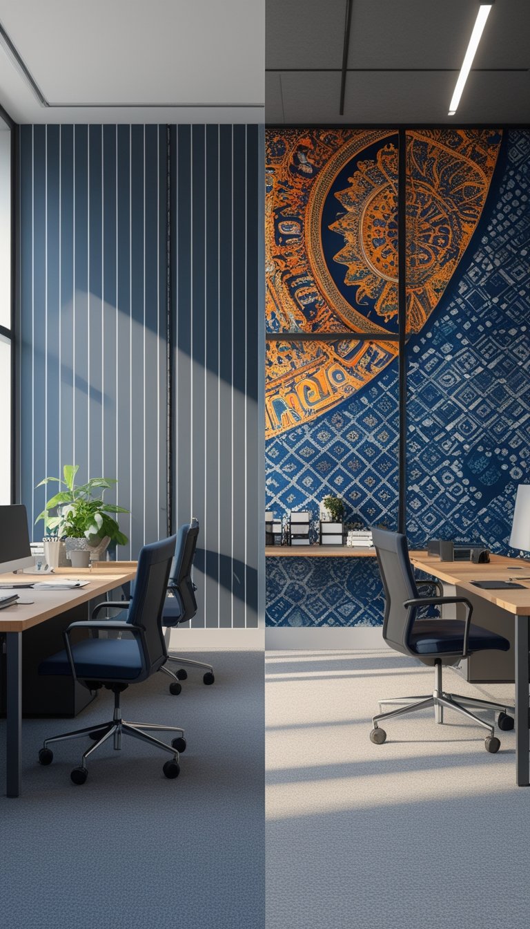 Modern office interior showing two different wallpaper designs, one simple navy pinstripe and one complex patterned, with desks and chairs under natural light.