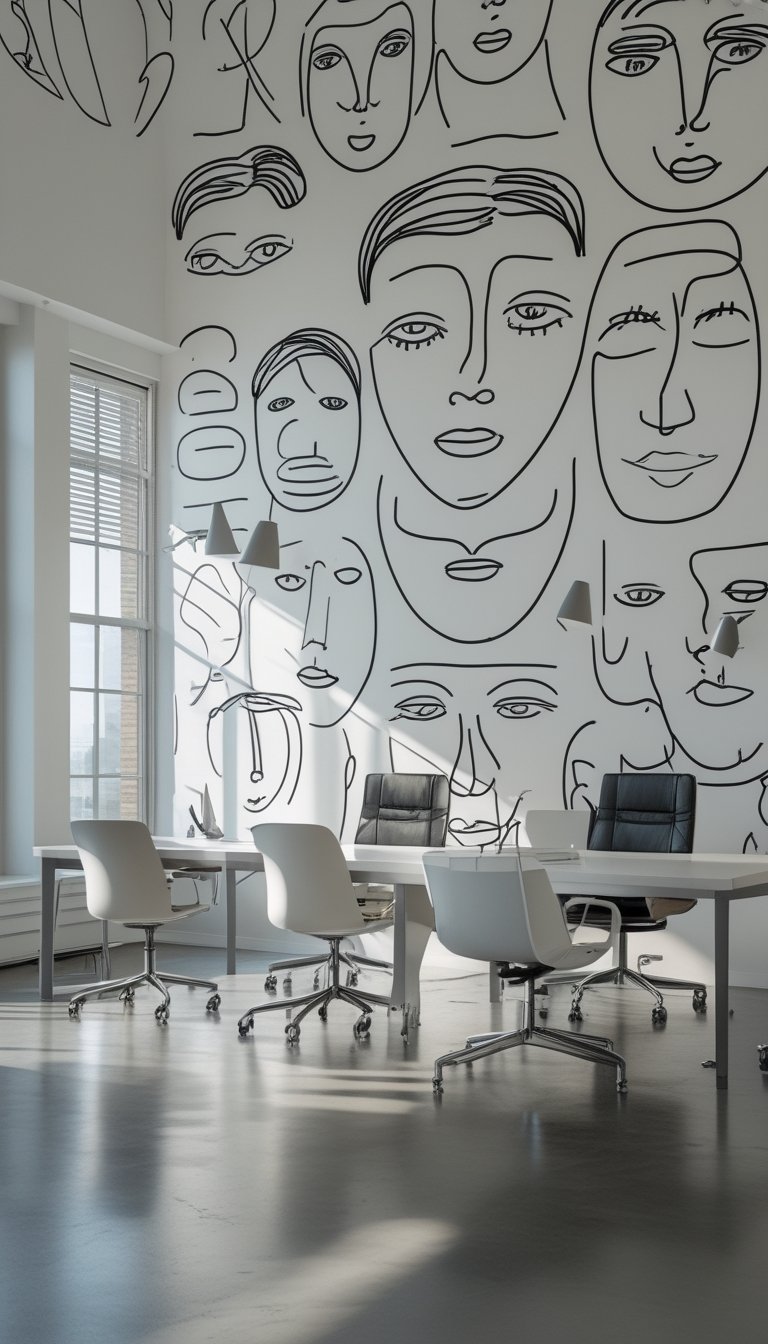 Modern office space with desks and chairs in front of a wall covered in artistic line drawings of faces.