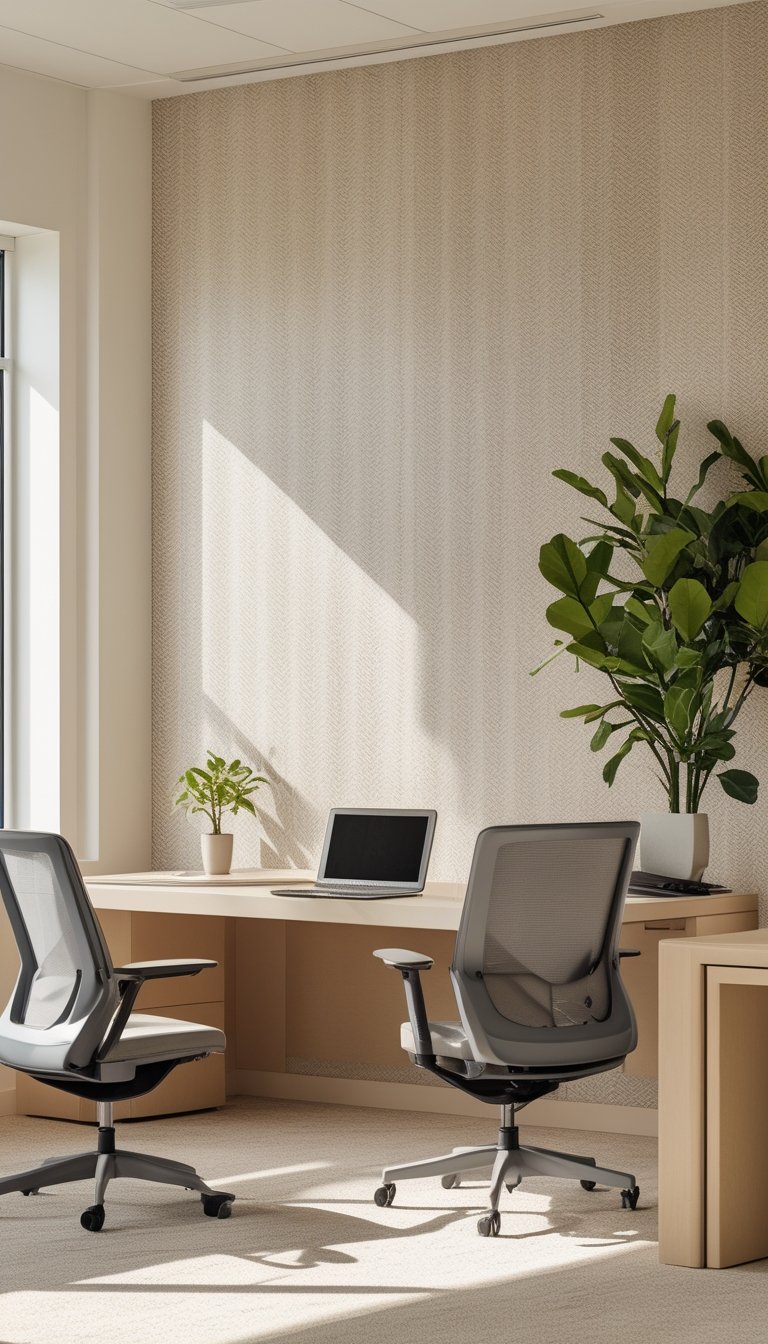 A bright office with a wooden desk, chairs, a laptop, and a beige chevron patterned wall in the background.