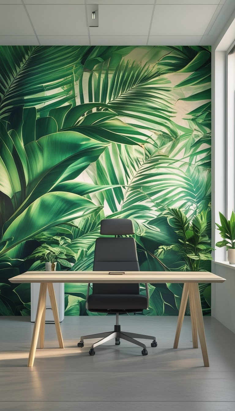 Office interior with a large tropical palm mural on the wall, a wooden desk, chair, and potted plants in a bright room.