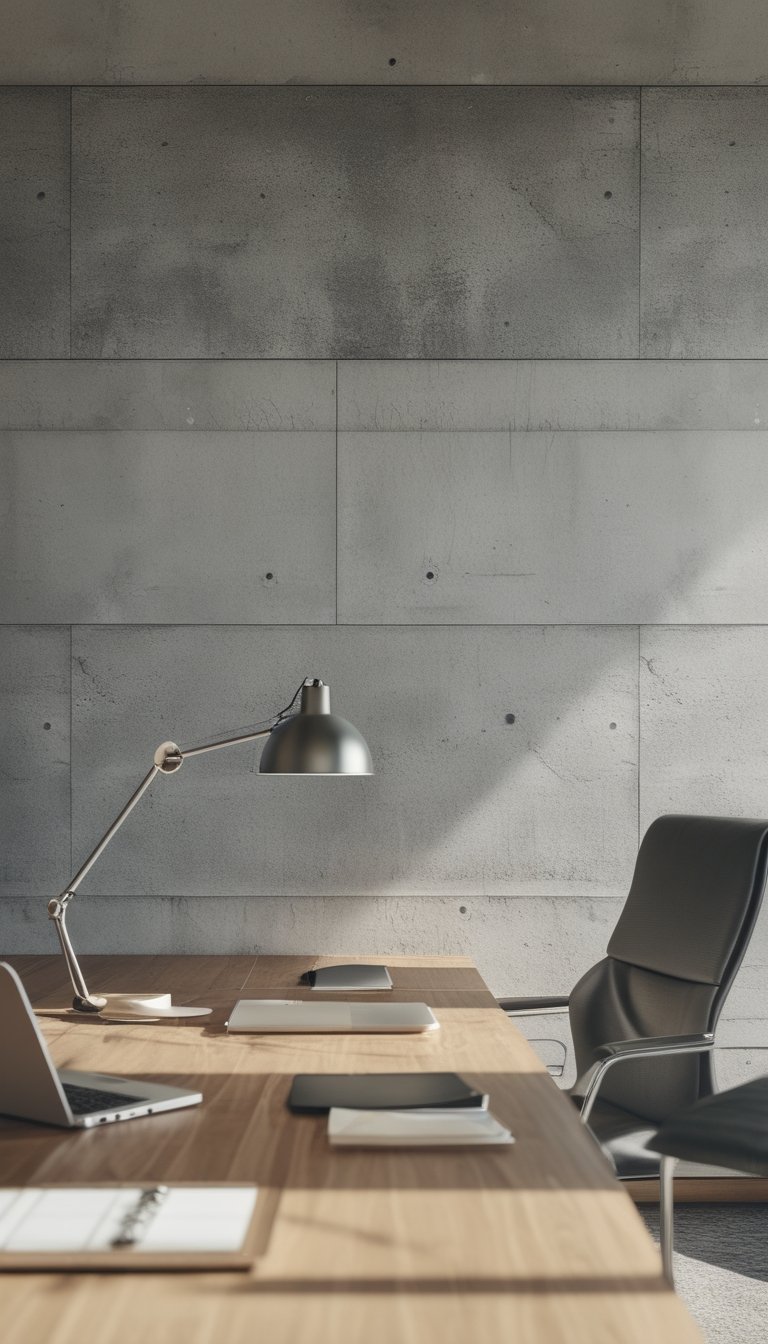 Modern office interior with a gray concrete wall, wooden desk, laptop, desk lamp, and ergonomic chair.