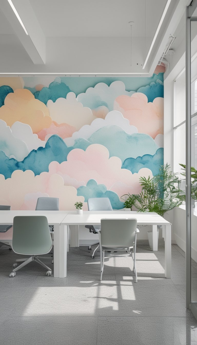 Modern office interior with a large wall covered in pastel cloud patterns and simple, clean furniture.