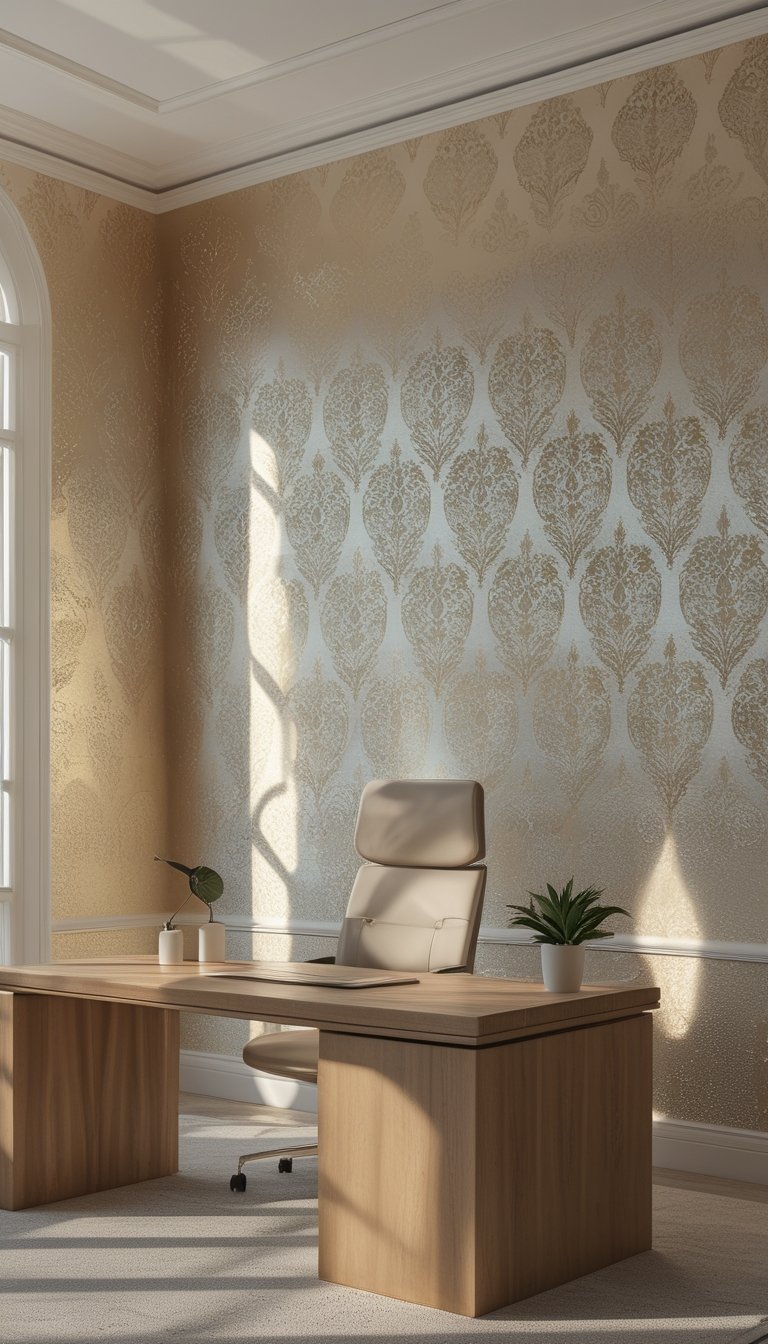An office interior with a wooden desk and chair in front of a wall covered with gold patterned wallpaper illuminated by natural light.