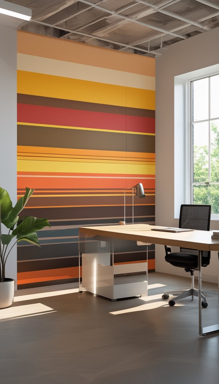 Modern office interior with a colorful striped mural on the wall, a desk, chair, and a potted plant illuminated by natural light.