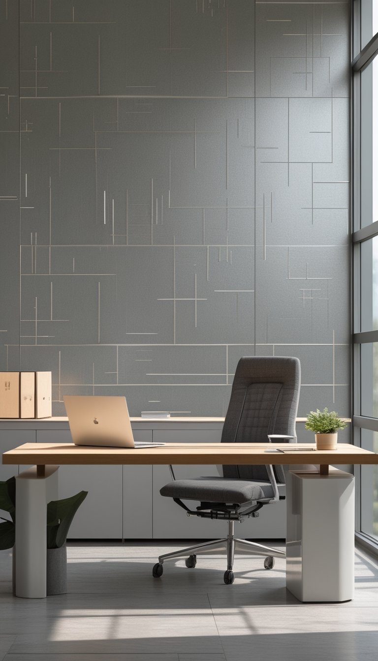 Modern office interior with a subtle metallic crosshatch patterned wallpaper, a wooden desk, ergonomic chair, laptop, and office accessories under natural light.