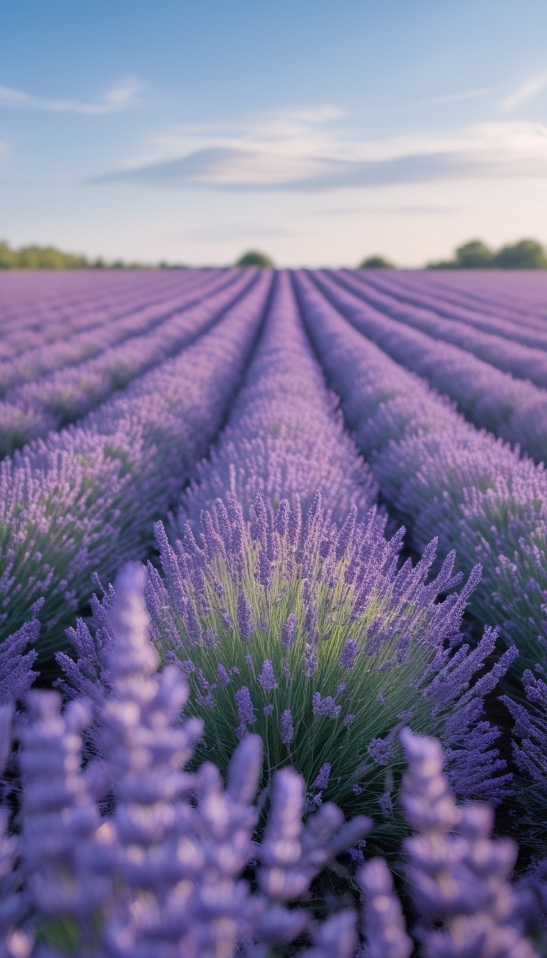 A vast field of blooming lavender flowers under a clear blue sky.