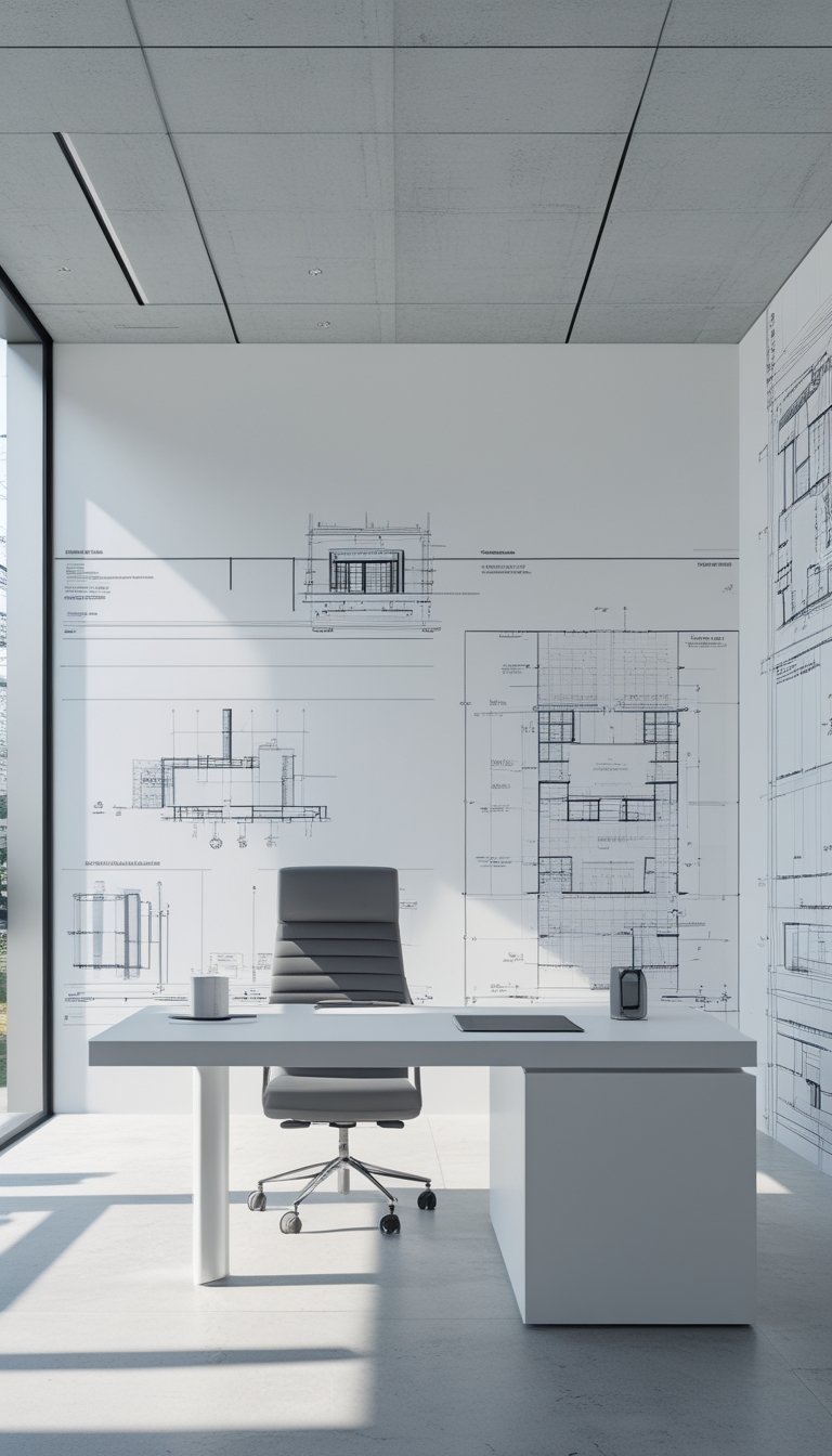 Modern office interior with walls covered in simple and complex architectural blueprint wallpaper, featuring a clean desk and natural light.