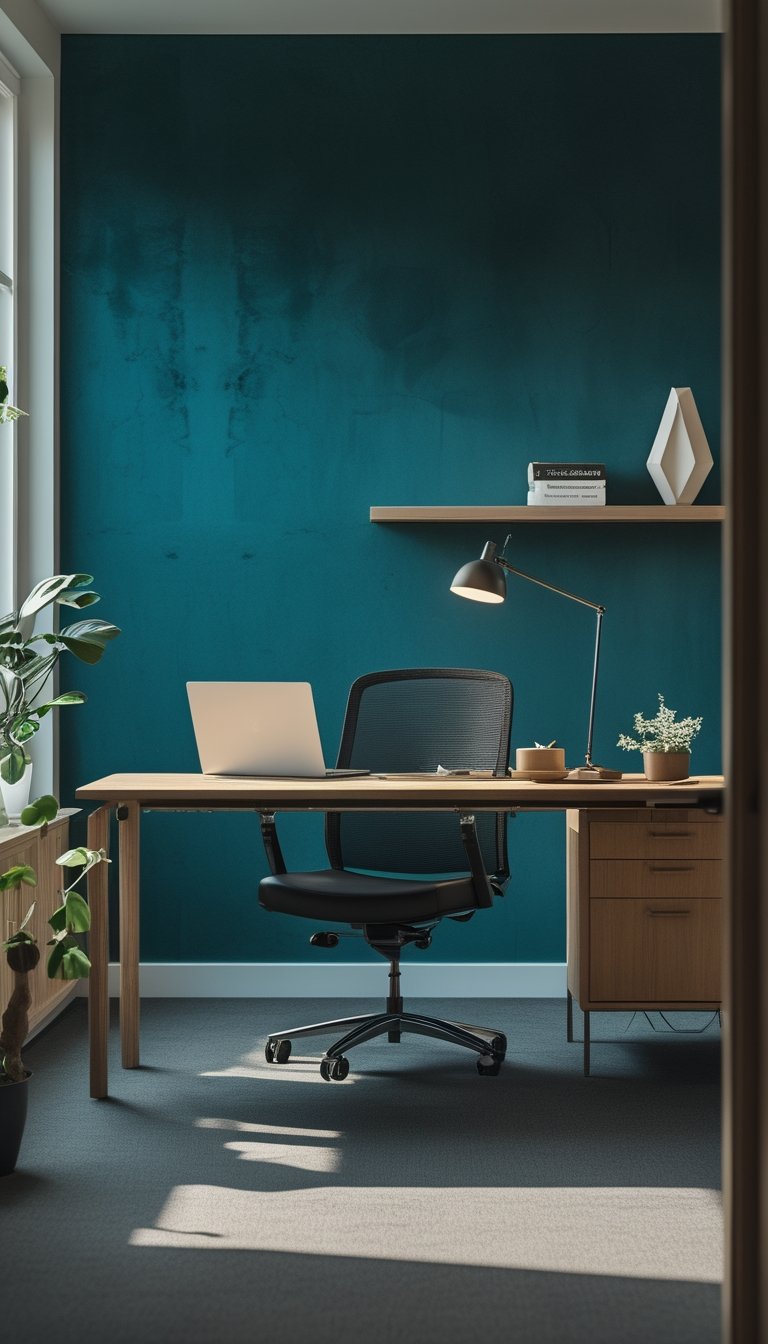 Modern office interior with a deep teal textured wall, a wooden desk with a laptop and lamp, and a comfortable chair near a window.