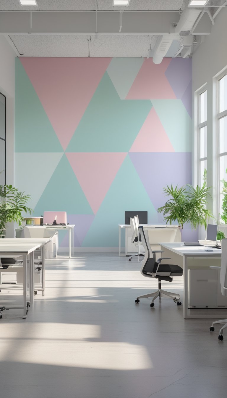 A bright office space with a large wall covered in colorful pastel triangles, modern desks, chairs, and plants.