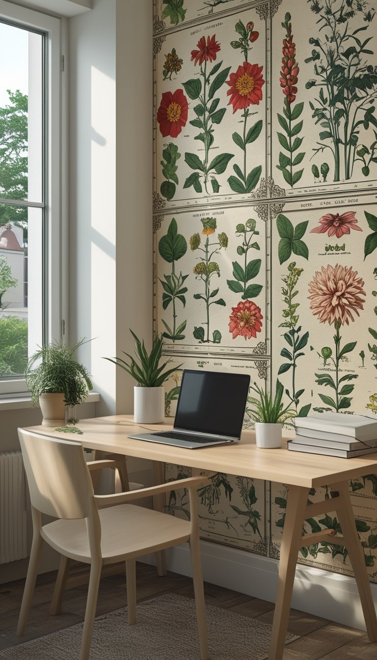 Office interior with a wooden desk and vintage botanical chart wallpaper showing detailed plant illustrations.